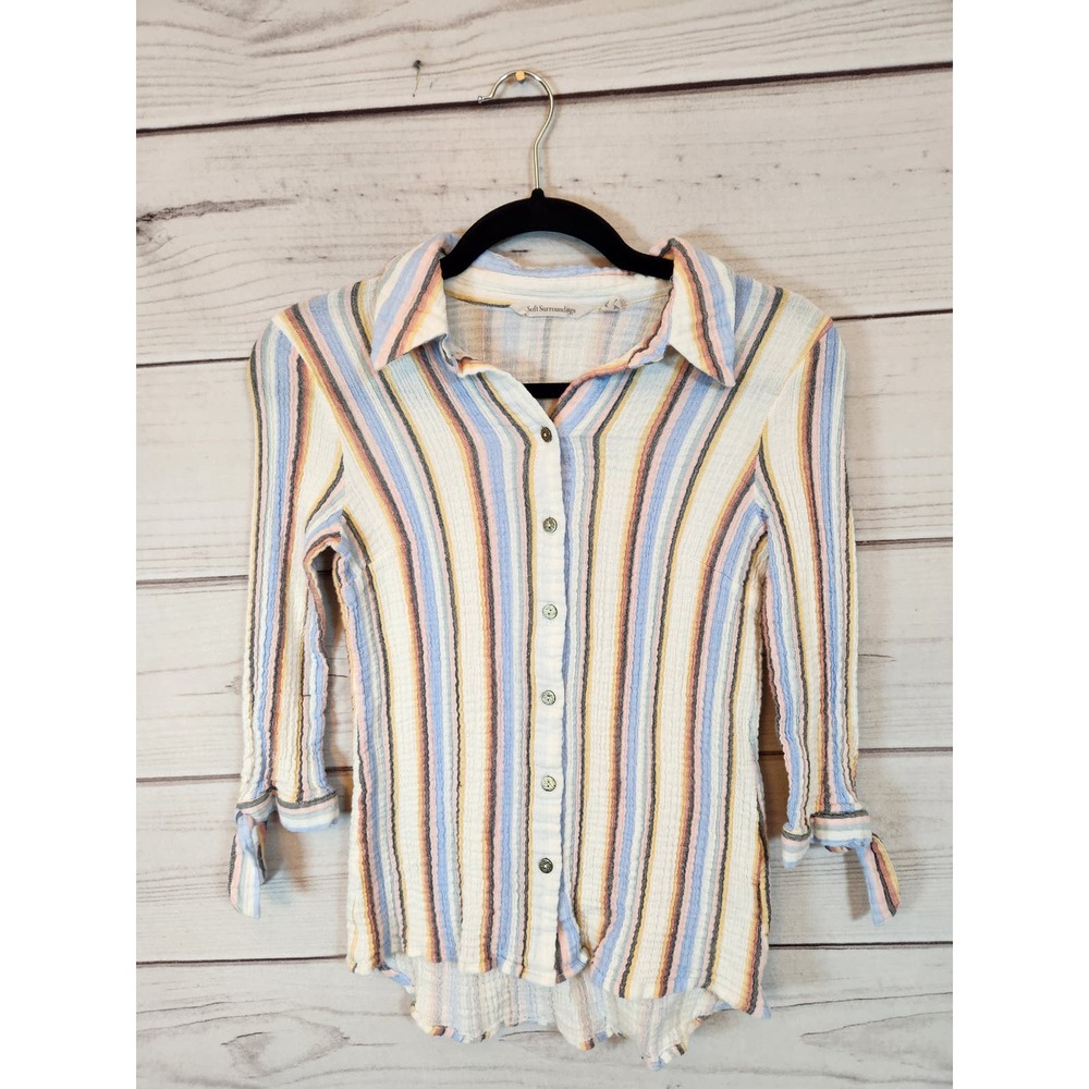 Soft Surroundings Womens Button Up Shirt Long Sleeves‎ Striped Blue Cream PXS